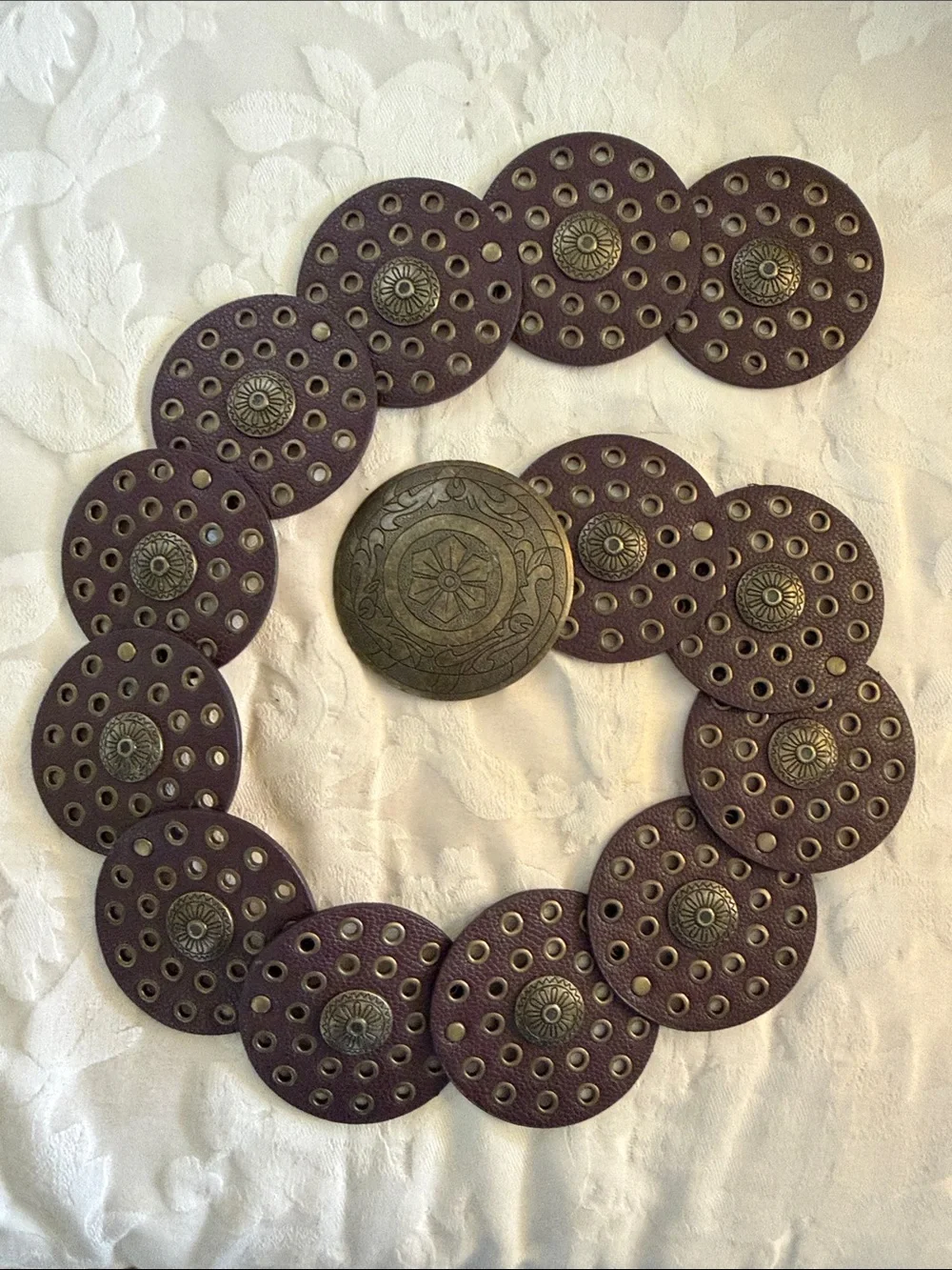 Vintage-Inspired Brown Disc Belt with Brass Medallion